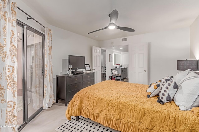 bedroom featuring ceiling fan, visible vents, and access to exterior