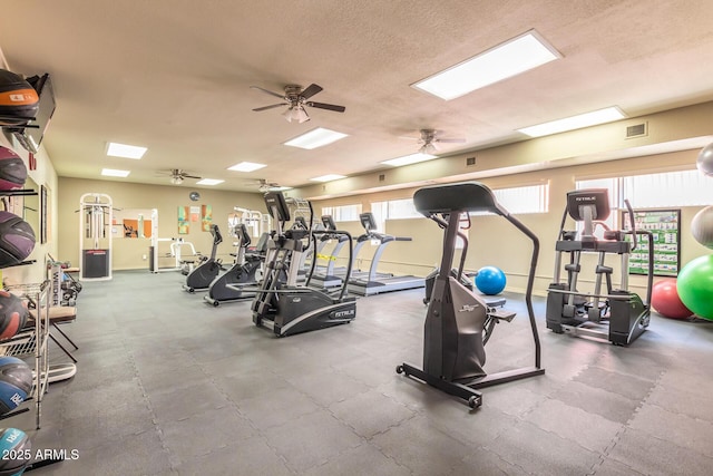 exercise room featuring a ceiling fan and visible vents