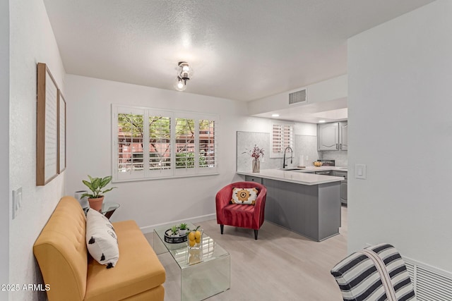 living room with light wood-type flooring, baseboards, and visible vents