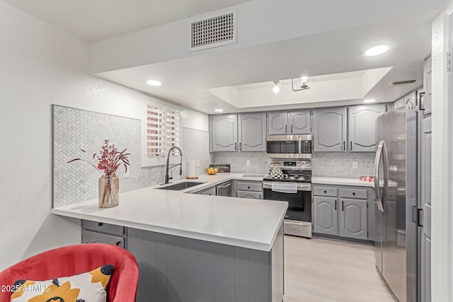 kitchen with appliances with stainless steel finishes, a sink, gray cabinets, a peninsula, and visible vents