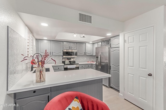 kitchen with appliances with stainless steel finishes, gray cabinets, a peninsula, tasteful backsplash, and visible vents