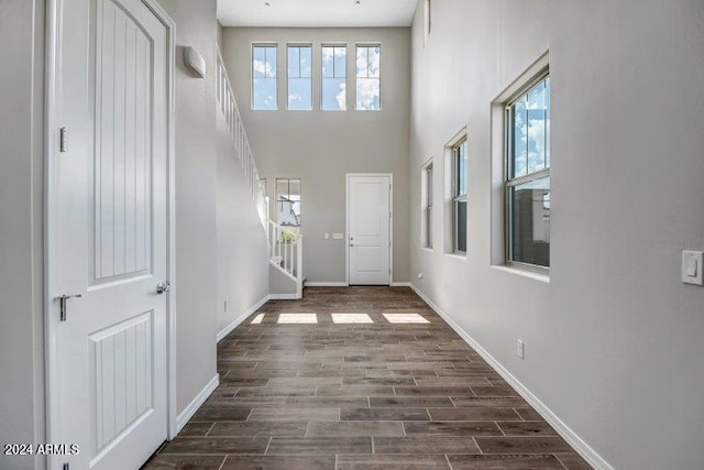 corridor featuring dark hardwood / wood-style flooring and a high ceiling