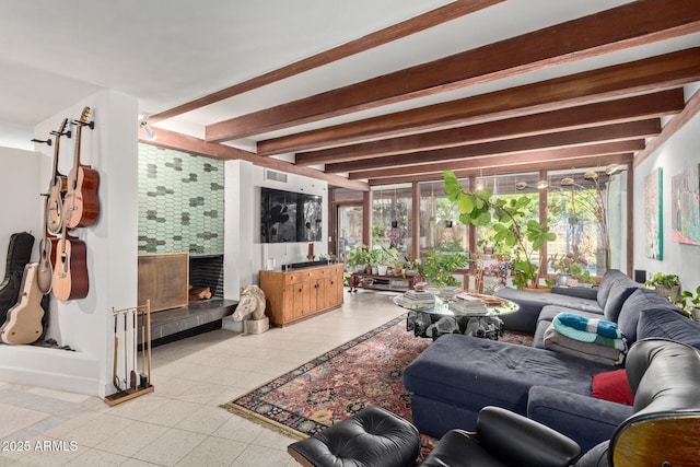 301 W Royal Palm Rd, Phoenix, AZ 85021 - living area with beamed ceiling and a tiled fireplace
