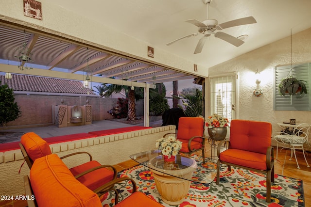 view of patio / terrace featuring ceiling fan, a pergola, and an outdoor hangout area