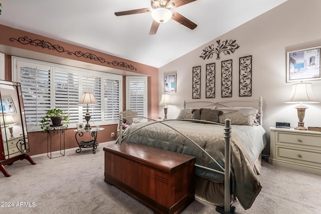 bedroom featuring carpet flooring, ceiling fan, and lofted ceiling