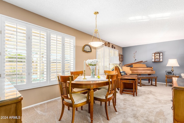 carpeted dining room with a wealth of natural light and a textured ceiling