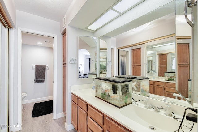 bathroom with vanity, hardwood / wood-style flooring, a skylight, and toilet