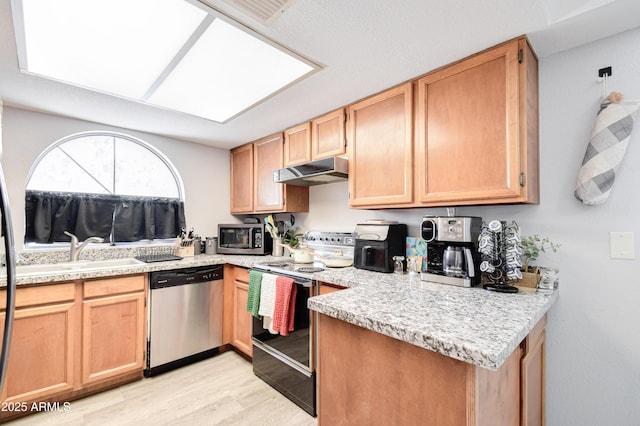 kitchen featuring a skylight, appliances with stainless steel finishes, light hardwood / wood-style floors, and sink