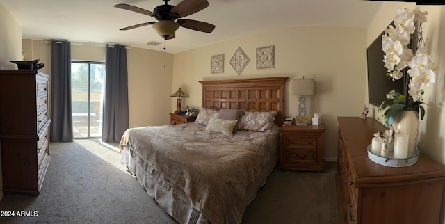 bedroom with access to outside, dark carpet, and ceiling fan