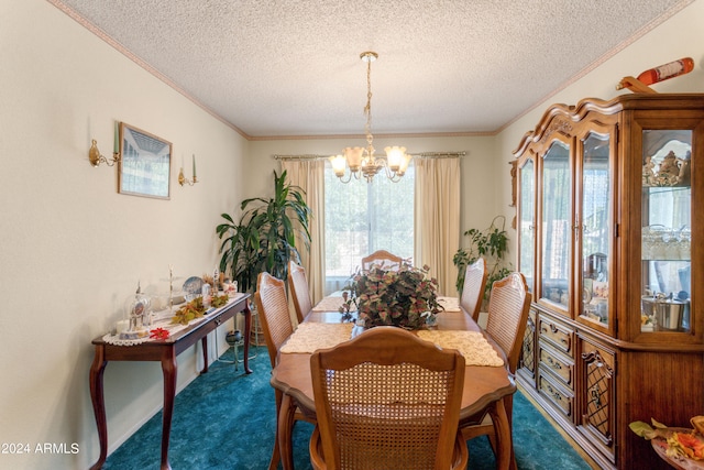 carpeted dining area with a textured ceiling and an inviting chandelier