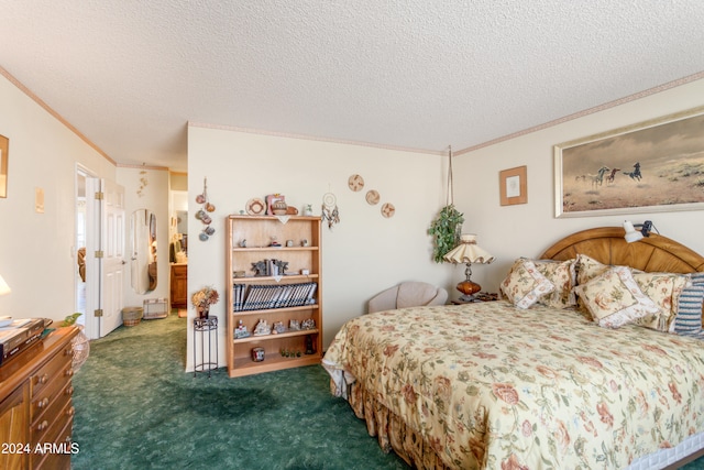 bedroom with a textured ceiling, dark carpet, and crown molding