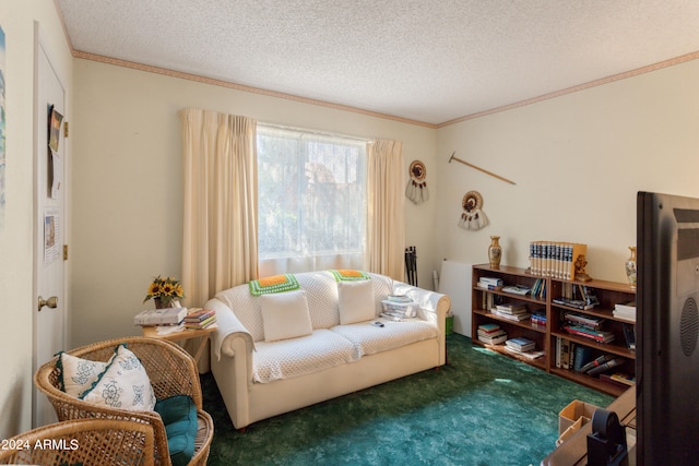 living area featuring dark colored carpet, a textured ceiling, and crown molding