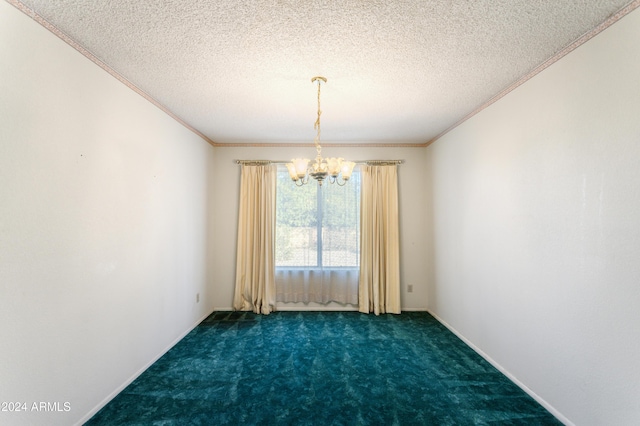 unfurnished room featuring dark colored carpet, crown molding, a textured ceiling, and a chandelier