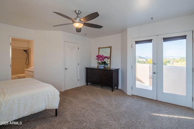 bedroom with french doors, ensuite bathroom, carpet floors, ceiling fan, and access to exterior