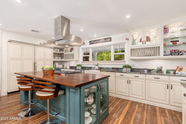 kitchen with wood counters, open shelves, a kitchen island, island exhaust hood, and visible vents