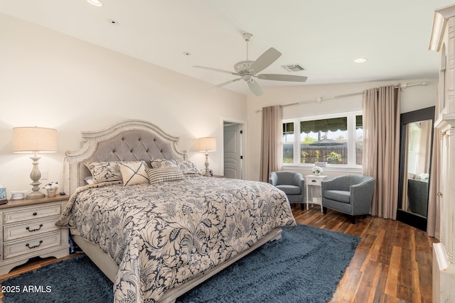 bedroom with recessed lighting, a ceiling fan, visible vents, and hardwood / wood-style floors