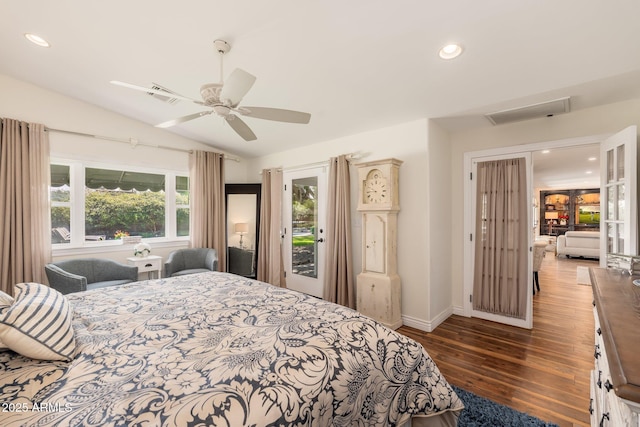 bedroom with visible vents, recessed lighting, access to exterior, and hardwood / wood-style flooring
