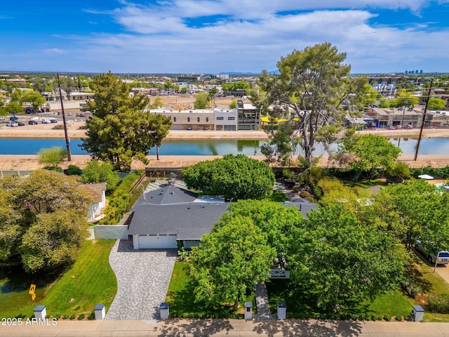aerial view featuring a water view