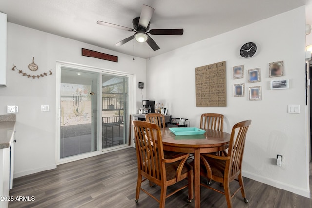 dining area with dark wood-type flooring and ceiling fan