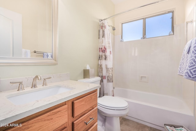 full bathroom with vanity, toilet, and shower / bath combination with curtain