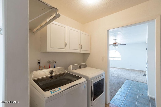 1315 Via Cabrillo, Sierra Vista, AZ 85635 - laundry room featuring separate washer and dryer, cabinet space, a ceiling fan, light colored carpet, and a textured ceiling