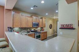 kitchen featuring kitchen peninsula, stainless steel appliances, and backsplash