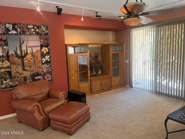 living area with ceiling fan, carpet flooring, and track lighting