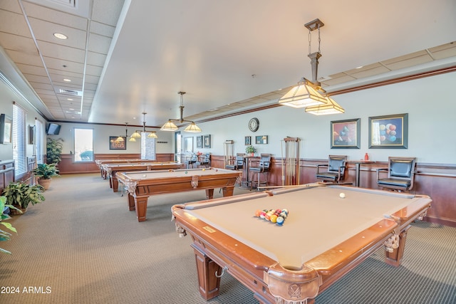 playroom with light colored carpet, a paneled ceiling, billiards, and ornamental molding