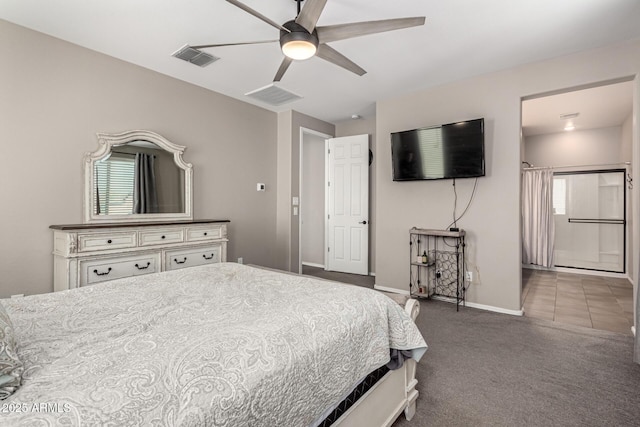 bedroom with ceiling fan and dark colored carpet