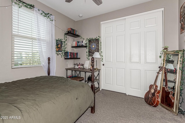 bedroom with ceiling fan and carpet