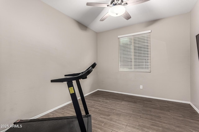 exercise room with hardwood / wood-style flooring and ceiling fan