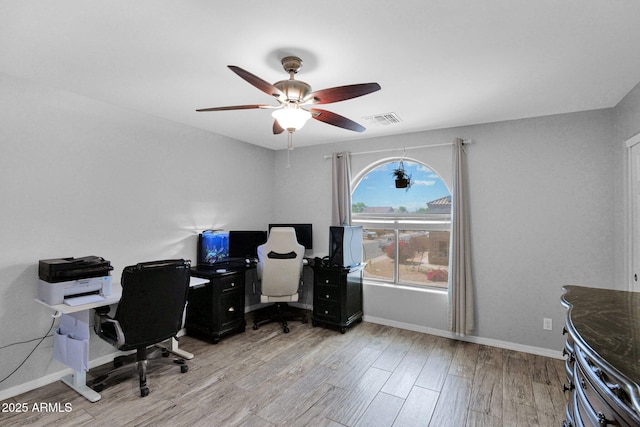office area with visible vents, a ceiling fan, light wood-style flooring, and baseboards
