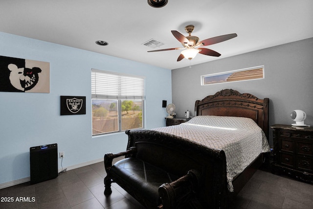 tiled bedroom with a ceiling fan, baseboards, and visible vents