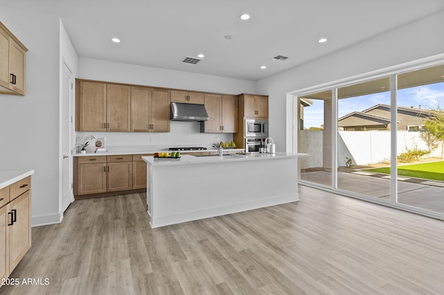 kitchen featuring visible vents, under cabinet range hood, recessed lighting, stainless steel appliances, and light wood-style floors