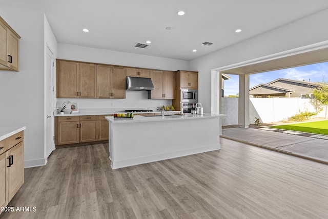 kitchen with under cabinet range hood, visible vents, light wood-style flooring, and stainless steel appliances