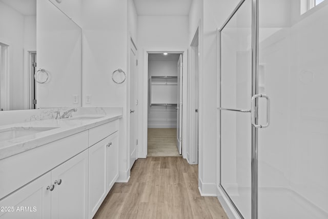 full bathroom featuring a sink, a shower stall, and wood finished floors