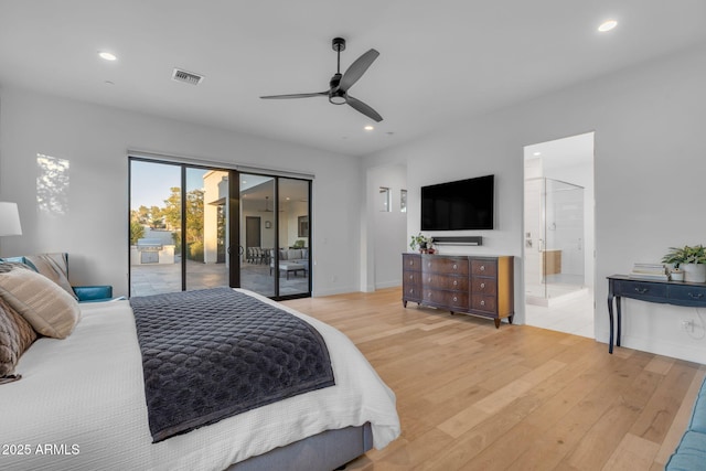 bedroom with access to outside, recessed lighting, light wood-style floors, and visible vents