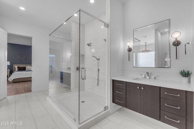 full bath with vanity, ensuite bath, recessed lighting, a stall shower, and tile patterned flooring