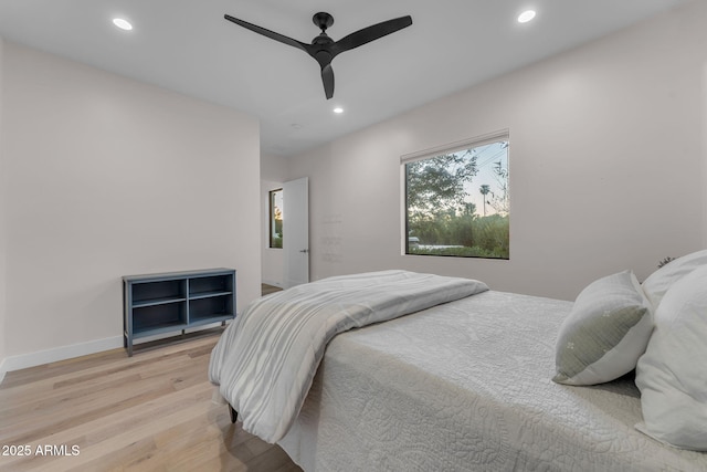 bedroom featuring recessed lighting, baseboards, light wood-style floors, and ceiling fan