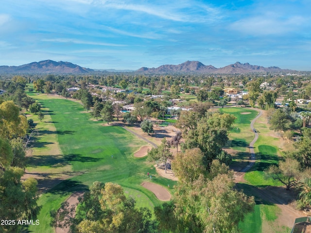 aerial view featuring a mountain view and view of golf course