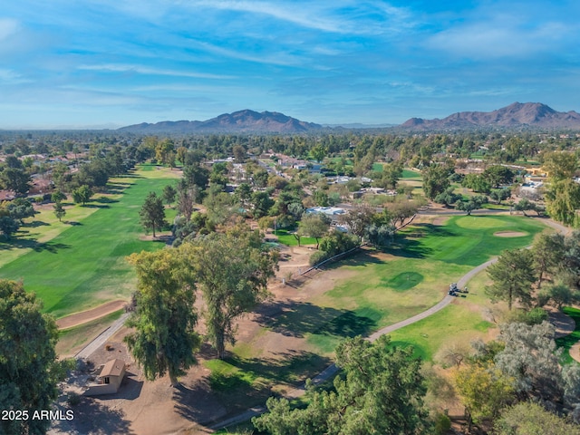 bird's eye view featuring a mountain view and golf course view