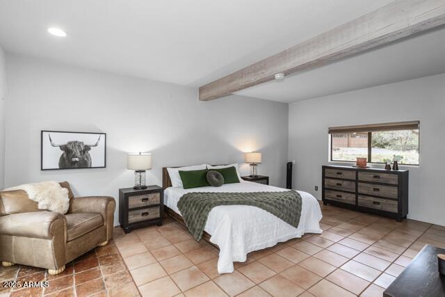 25 Edgewood Cir, Sedona, AZ 86336 - bedroom with beam ceiling, recessed lighting, and light tile patterned floors