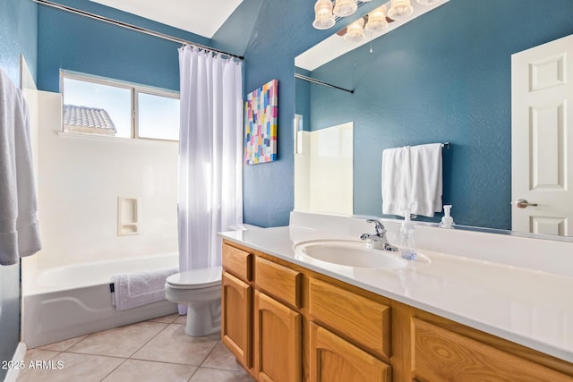 full bathroom featuring shower / bath combo with shower curtain, toilet, vanity, and tile patterned flooring