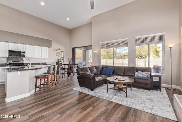 living room with dark wood-type flooring, sink, and a towering ceiling