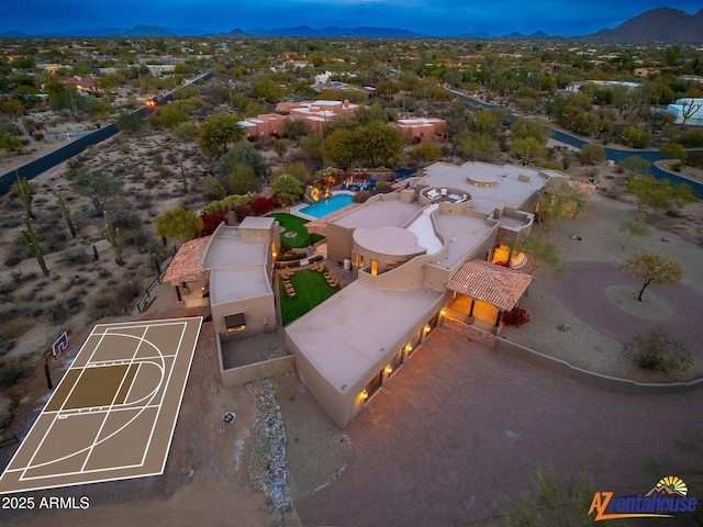 view of aerial view at dusk