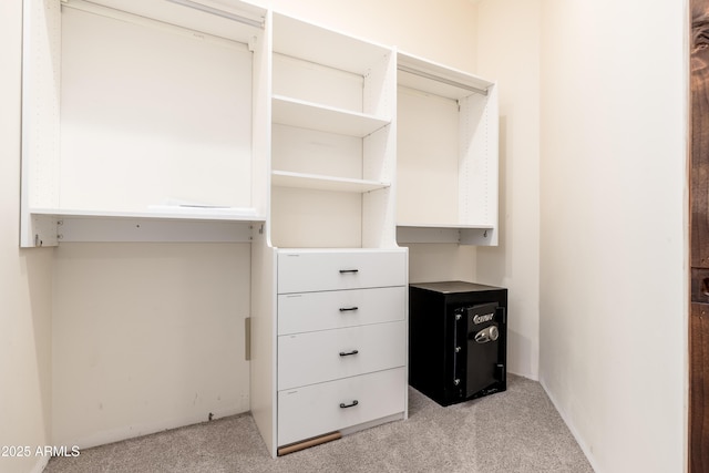 walk in closet featuring light colored carpet