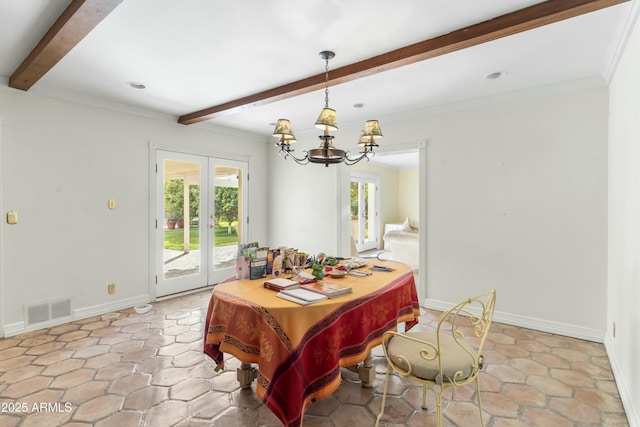 dining room featuring a notable chandelier, beam ceiling, a wealth of natural light, and french doors