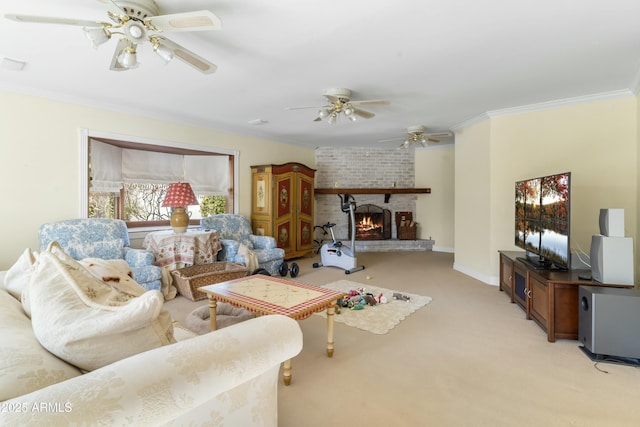 carpeted living room with ornamental molding, a brick fireplace, and ceiling fan