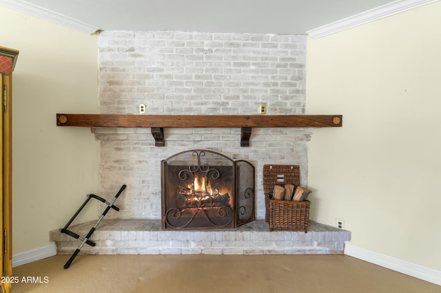 details featuring crown molding, a brick fireplace, and carpet flooring