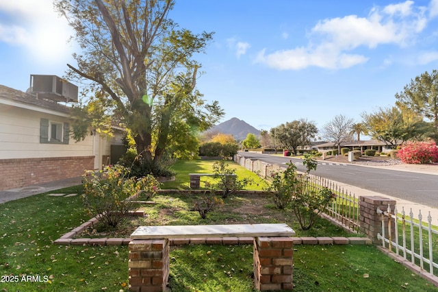 view of yard featuring a mountain view and central air condition unit